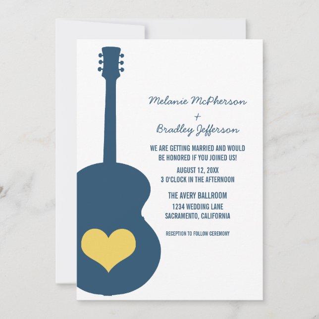 Mariage Coeur de guitare bleu/jaune Invitation (Devant)