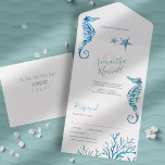 Mariage Côtier Moderne Tout En Une Invitation<br><div class="desc">Nouveau thème de plage triple invitation de mariage et carte rsvp tout en un dans un design côtier. Les détails sont définis dans une typographie manuscrite en verre de mer bleu turquoise avec une police serif traditionnelle. Une réplique de mon hippocampe, de l'étoile de mer et de la barrière de...</div>