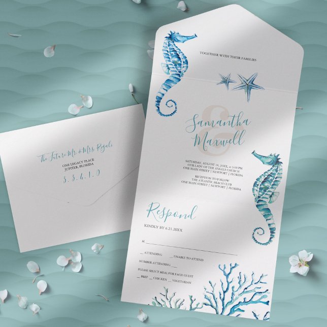 Mariage Côtier Moderne Tout En Une Invitation (Beach wedding invitation unique seahorse watercolor art by Victoria Grigaliunas)