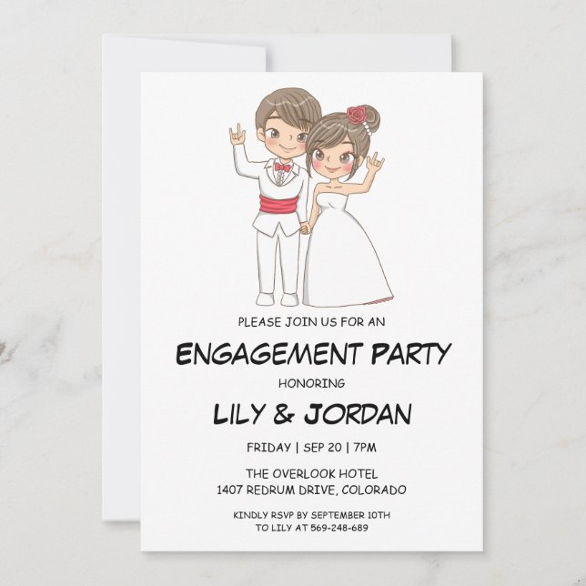 Mariage couple dessin animé fiançailles invitation (Devant)