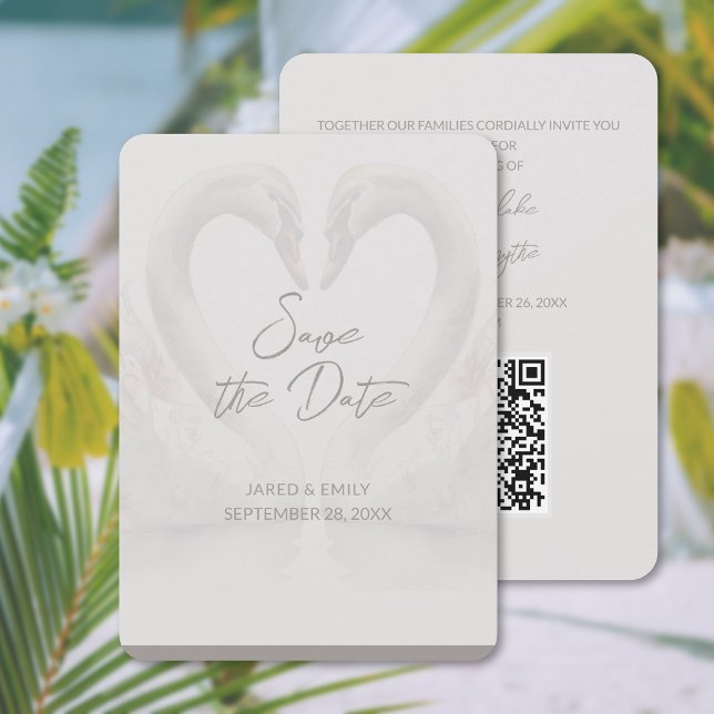 Mariage cygne 5x7 Enregistrer la date Carte de cod (Swan Wedding 5x7 Save the Date QR Code Card (front and back))