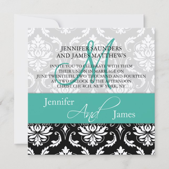 Mariage Damask Monogrammes Noms Invitation Turquoi (Devant)
