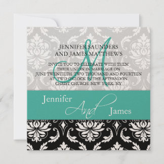 Mariage Damask Monogrammes Noms Invitation Turquoi