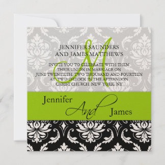Mariage Damask Monogrammes Noms Invitation verte