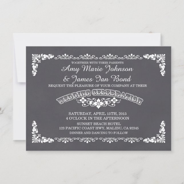 Mariage damassé fleurie Chalkboard invitations déc (Devant)