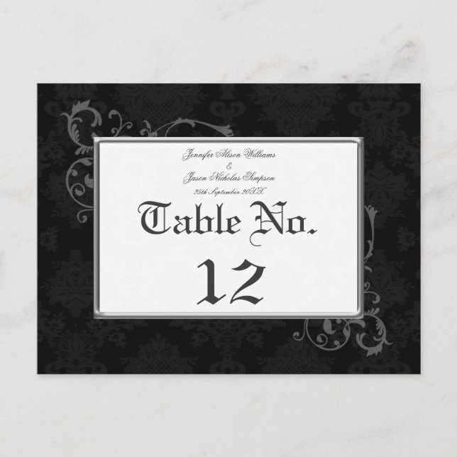 Mariage damassé gothique Numéro de table noir et b (Devant)