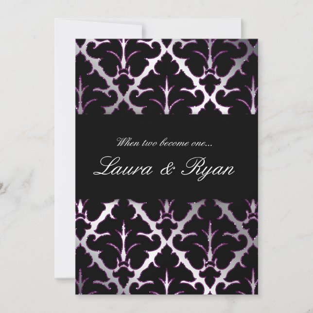 mariage damassé Invitation Purple Sparkle Silver (Devant)