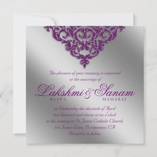 Mariage damassé Invitation Sparkle Silver Purple 2 (Devant)