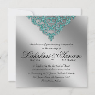 Mariage damassé Invitation Sparkle Silver Turquois