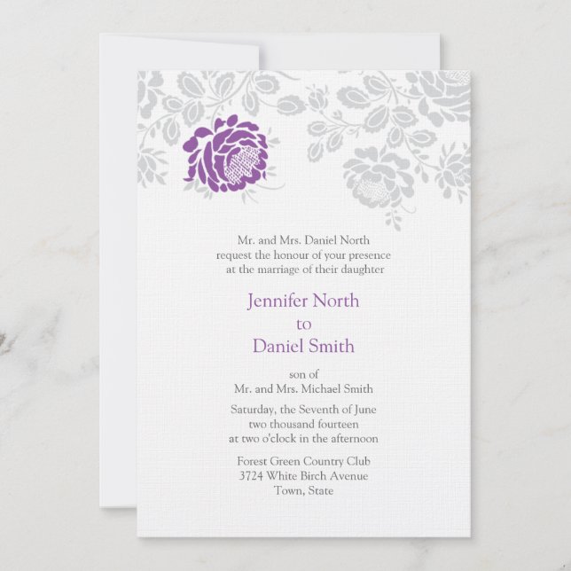 Mariage damassé Invitations Lavender Et Grey (Devant)