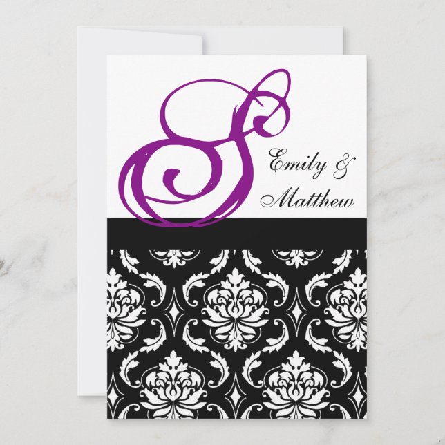 mariage damassé Invitations Purple Monogrammes (Devant)