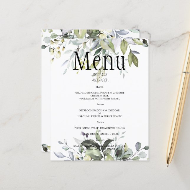 Mariage d'aquarelle Budget Greenery MENU. (Devant/Arrière en situation)