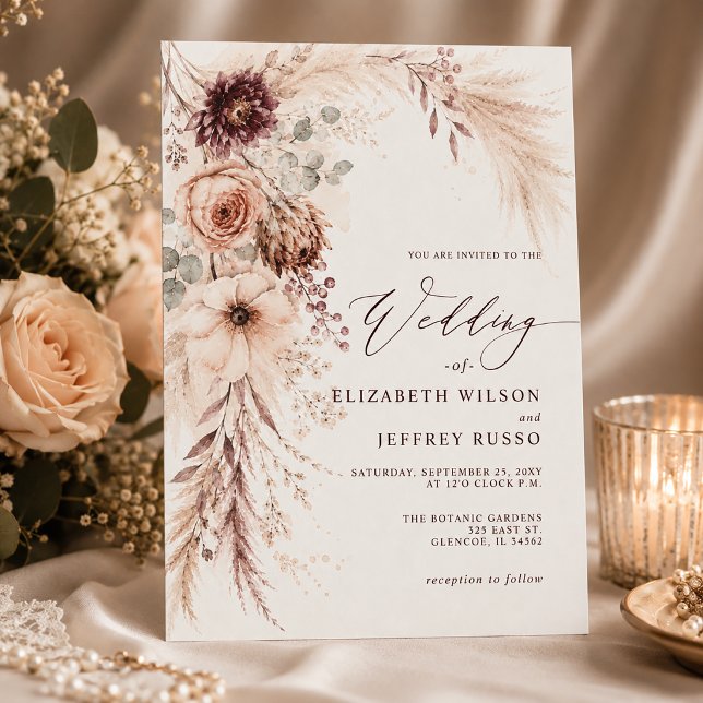 Mariage d'automne en Bourgogne pas cher avec herbe (Budget Burgundy Pampas Grass Fall Wedding Invitation)