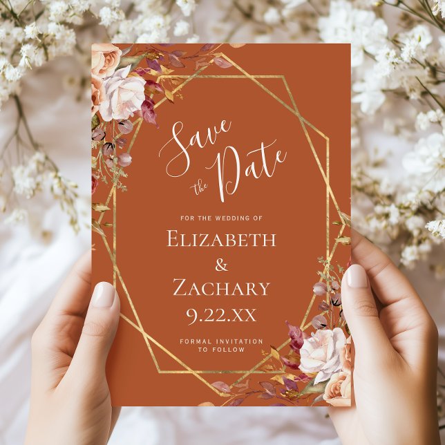 Mariage d'automne floral orange brûlé, carte "save (Créateur téléchargé)