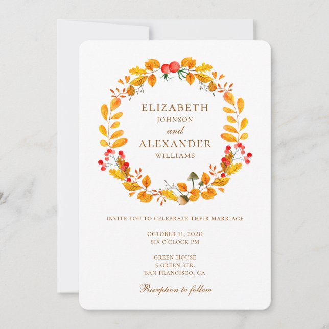 Mariage d'automne. Invitation d'automne. Couronne  (Devant)