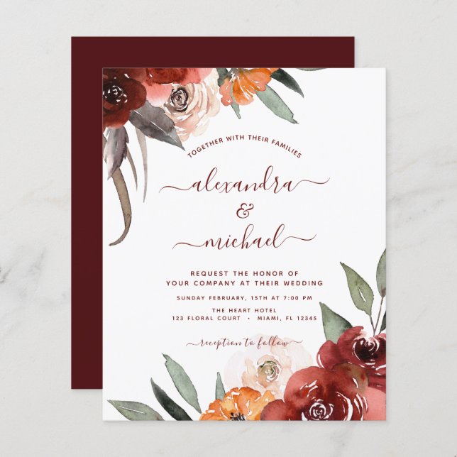 Mariage de automne Budget Burnt Orange Floral (Devant / Derrière)