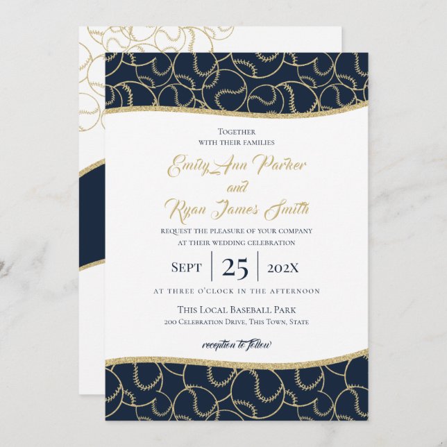 Mariage de baseball Gold et Blue Invitation (Devant / Derrière)