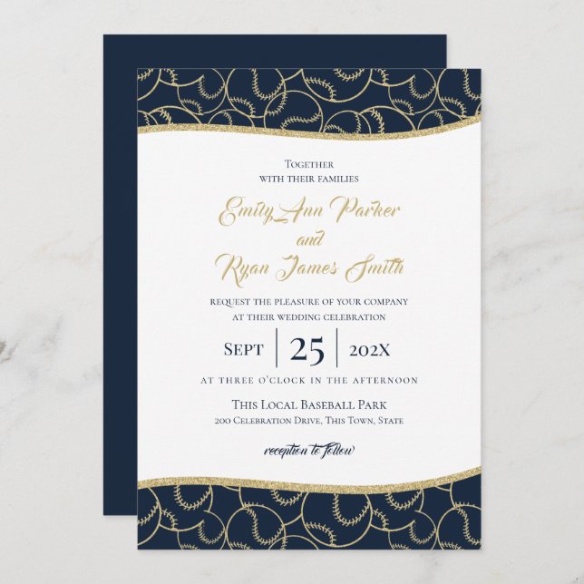Mariage de baseball Gold et Blue Invitation (Devant / Derrière)