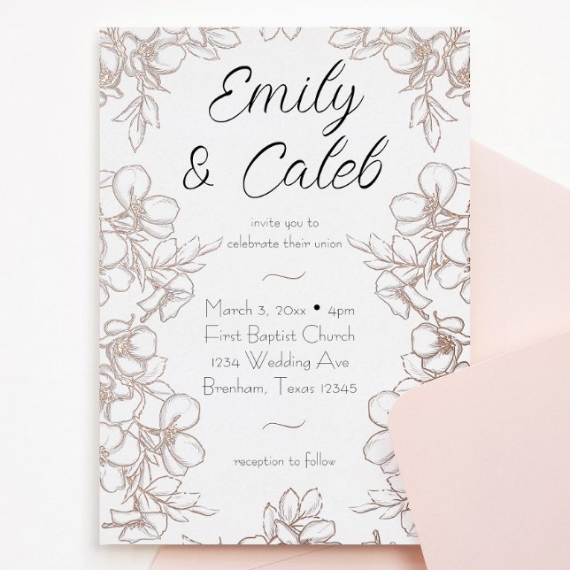 Mariage  de cadre Floral Rose Gold Foil Invitation (Rose gold flower frame line art wedding invitation with script writing. Perfect for spring wedding)