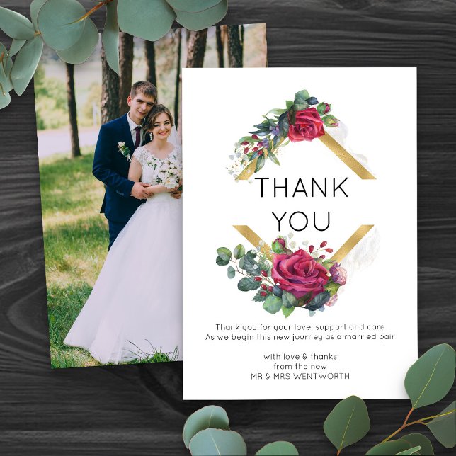 Mariage de cadre géométrique rouge Rose or Merci (Wedding photo thank you cards with floral gold frame - Red Rose and Eucalyptus Wedding Collection)