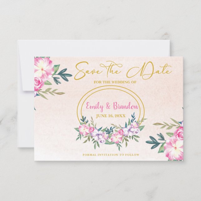 Mariage de cadre rose floral or Enregistrer la dat (Devant)