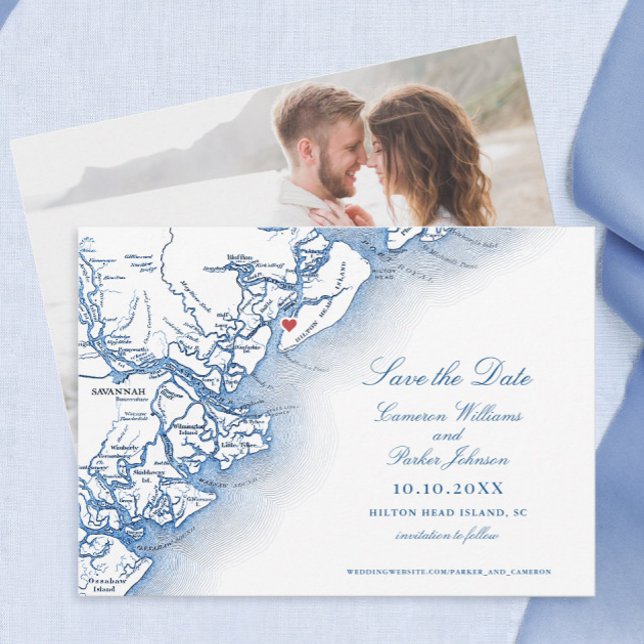 Mariage de carte Hilton Head South Carolina (Elegant Hilton Head Island SC map Save the dates for a navy blue wedding at Harbour Town Yacht Club)