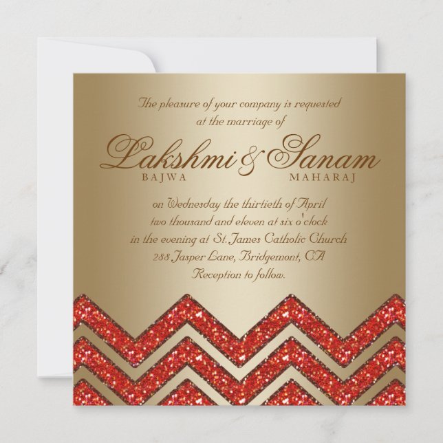 Mariage de Chevron Invitation Sparkle Orange Gold  (Devant)