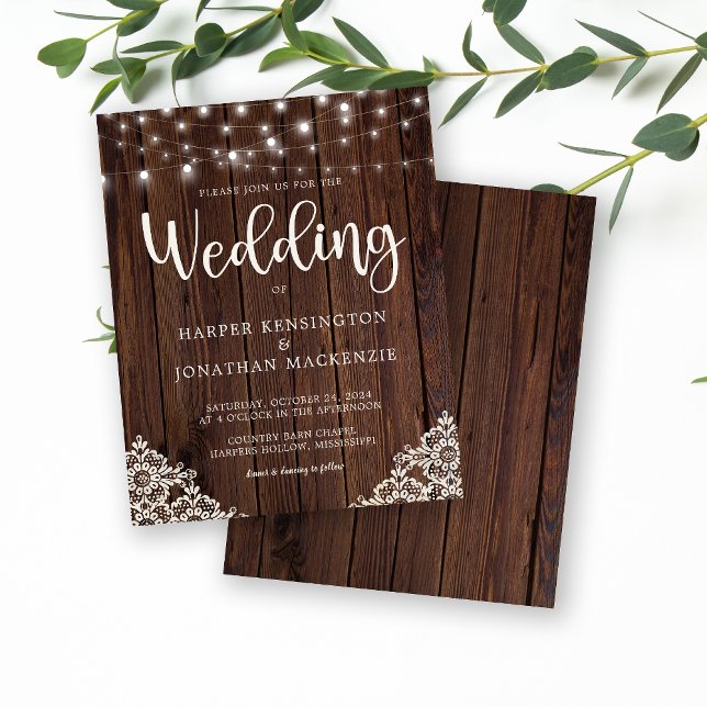 Mariage de dentelle de bois rustique budget (Rustic Wood Lace and String Lights Budget Wedding Invitation)