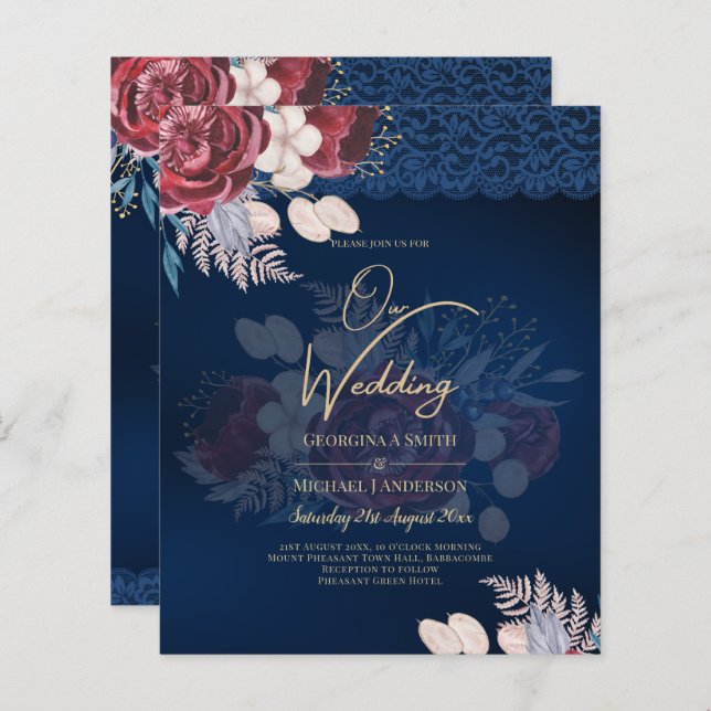 Mariage de dentelle florale bleu Bourgogne moderne (Devant / Derrière)