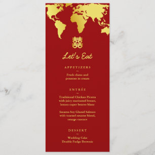 Mariage de destination sur une carte rouge et or