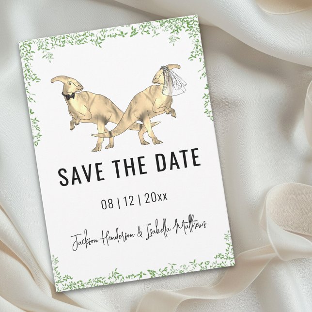 Mariage de dinosaure mignon Faire-part de date de  (Cute dinosaur bride and groom watercolor foliage wedding save the date card)