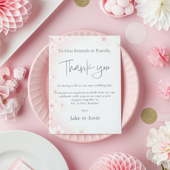 Mariage de fleurs de cerisier rose doux Merci (Soft Pastel Pink Cherry Blossom Wedding Table Thank You Card.)