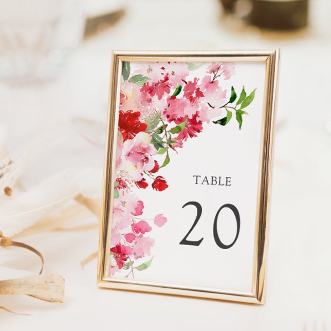 Mariage de fleurs roses rouges Numéro de table (Watercolor Red Pink Floral Wedding Table Number
)