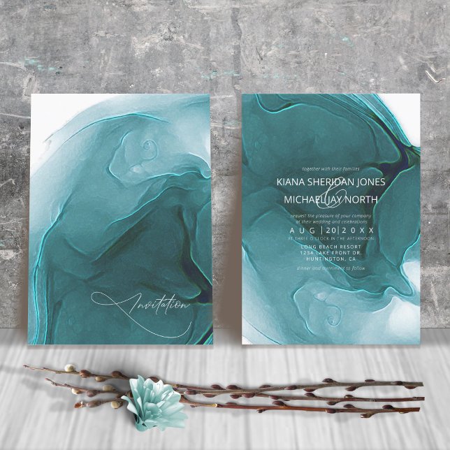 Mariage de flux d'encre Turquoise ID762 Invitation (Créateur téléchargé)