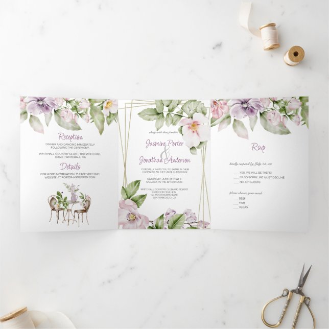 Mariage de jardin anglais & Menu Invitation Tri-Fo (Intérieur)