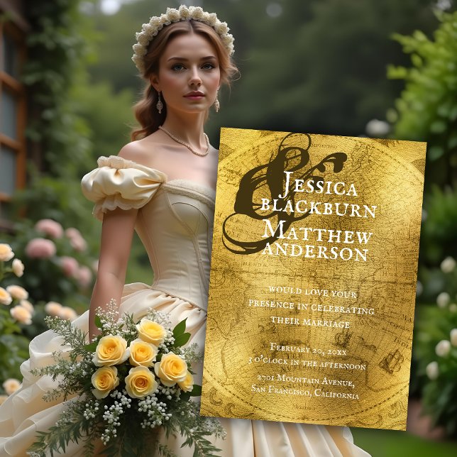Mariage de la carte de l'or antique du Vieux-Monde (Old World Antique Gold Map Wedding Invitation. Model is AI Gen. )