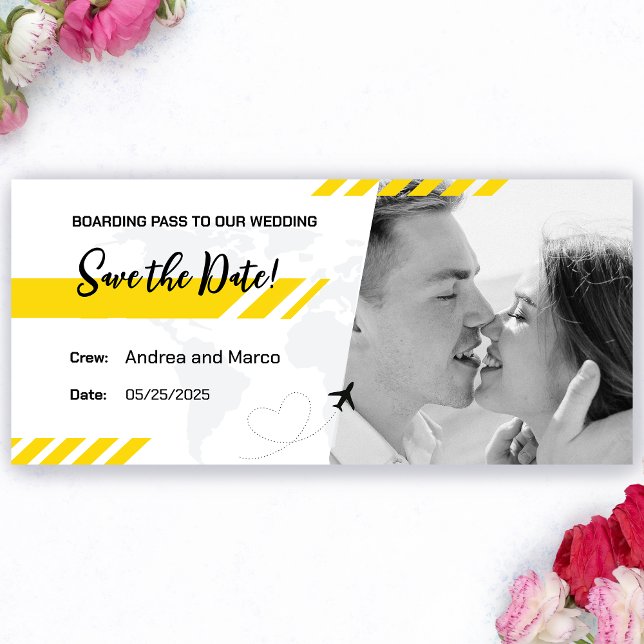 Mariage de la carte d'embarquement Jaune de la pla (Yellow Beach Boarding Pass Wedding Save the Date)