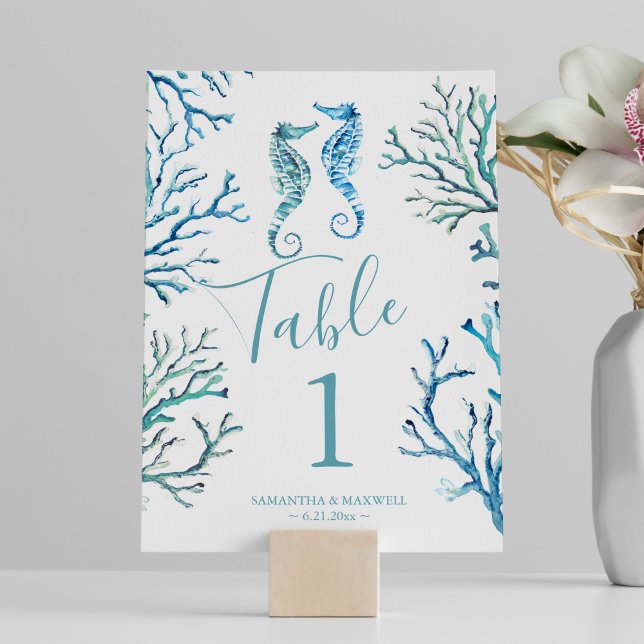 Mariage de l'hippocampe côtier Numéro de table (Beach wedding table number unique seahorse watercolor art by Victoria Grigaliunas)