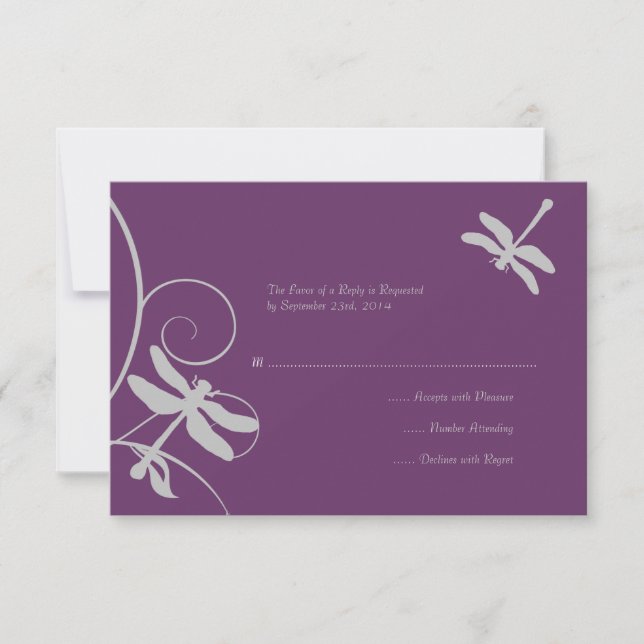 Mariage de libellules violettes et argentées RSVP (Devant)