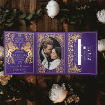 Mariage de Lion Médiéval Violet Royal Tri-Fold<br><div class="desc">Célébrez votre journée spéciale avec ce design Mariage Royal Medieval Lion. Le design n'est PAS une vraie feuille d'or. Vous pouvez customiser plus loin en cliquant sur le bouton "PERSONNALISER". Image d'espace fournie par Unsplash et n'est PAS à vendre remplacez-la par vos propres photos.</div>