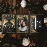 Mariage de Lion Royal Médiéval Noir Tri-Fold<br><div class="desc">Célébrez votre journée spéciale avec ce design Mariage Royal Medieval Lion. Le design n'est PAS une vraie feuille d'or. Vous pouvez customiser plus loin en cliquant sur le bouton "PERSONNALISER". Image d'espace fournie par Unsplash et n'est PAS à vendre remplacez-la par vos propres photos.</div>