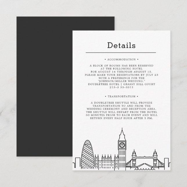 Mariage de Londres | Carte de détails sur l'invité (Devant / Derrière)