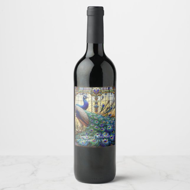 Mariage de Luxe : Étiquettes de Vin au Paon en Ver (Devant)