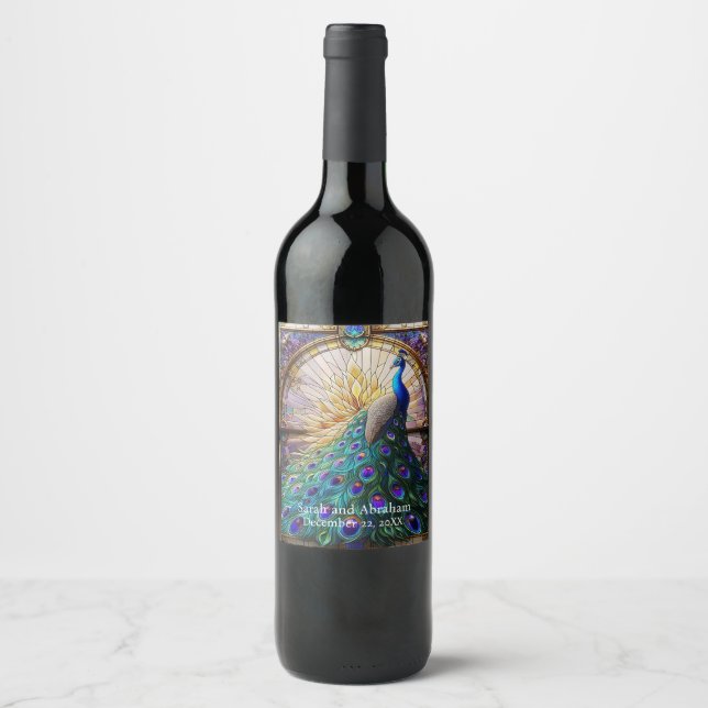 Mariage de Luxe : Étiquettes de Vin Paon en Verre  (Devant)