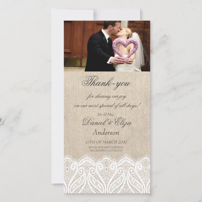 Mariage de Merci de Carte photo Burlap & Lace (Devant)