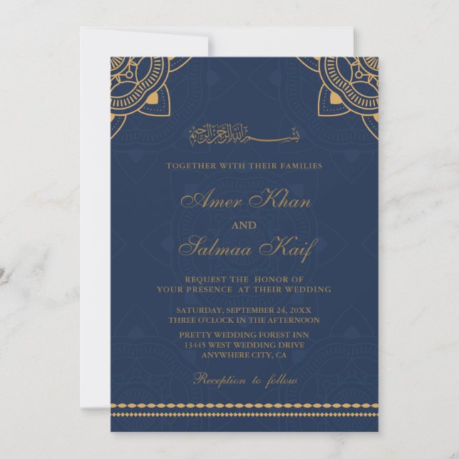 mariage de musulmans de marine et d'or Invitations (Devant)