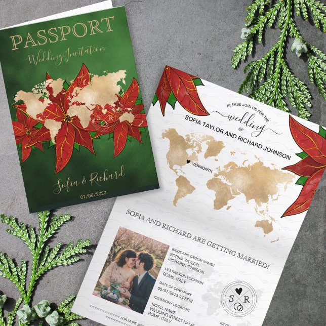 Mariage de Noël Destination Passport Carte du mond (christmas wedding passport invitation, green background and poinsettias)