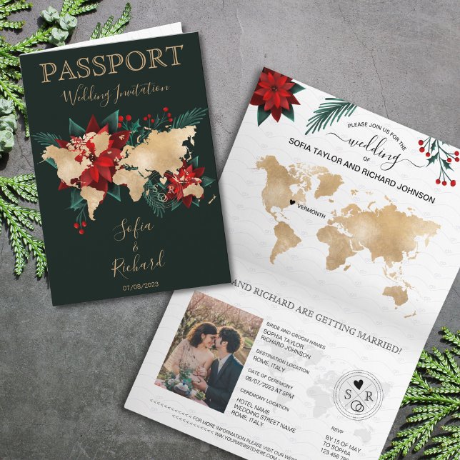 Mariage de Noël Destination Passport Carte du mond (christmas poinsettia gold world map passport)