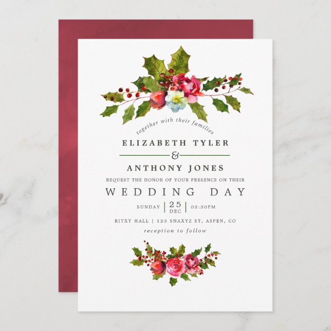 Mariage de Noël Floral Holly Aquarelle Invitation (Devant / Derrière)