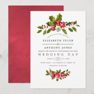 Mariage de Noël Floral Holly Aquarelle Invitation